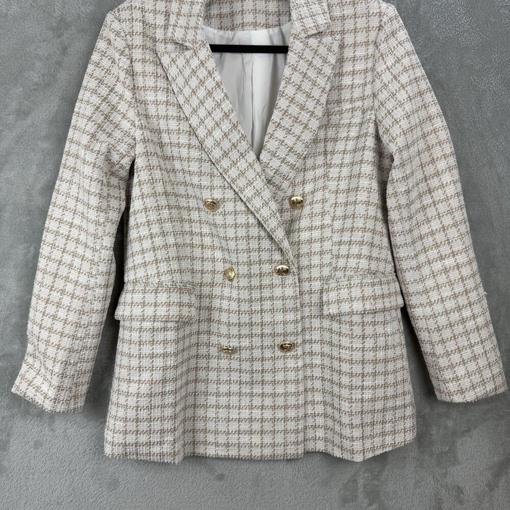 Tweed Double Breasted Blazer Suit Jacket White Brown Longer Length Women's S - Picture 3 of 12